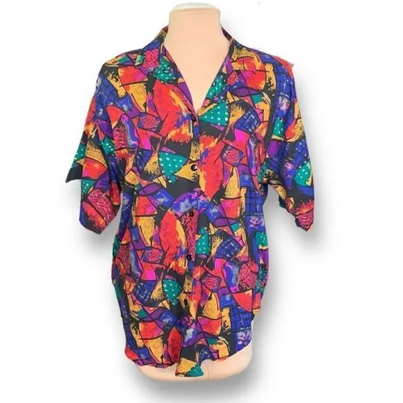 Vintage A Personal Touch Shirt Multicolor Abstract Art Collared Button Up Plus - Picture 1 of 8